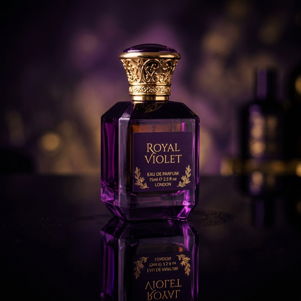 Seduction luxury perfume bottle in deep amethyst purple with gold details