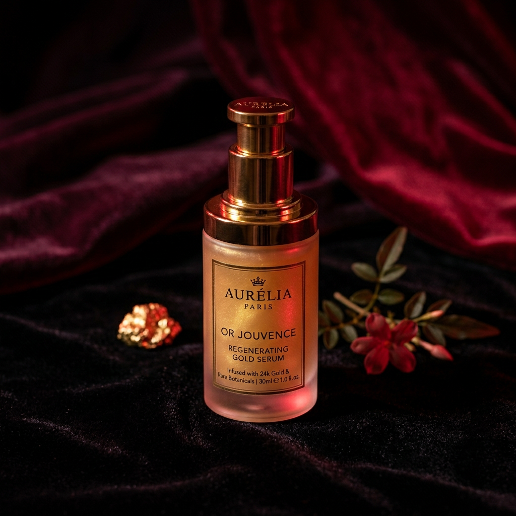 Glow Serum luxury bottle on dark velvet surface
