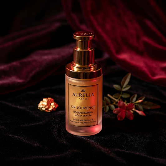 Glow Serum luxury bottle on dark velvet surface