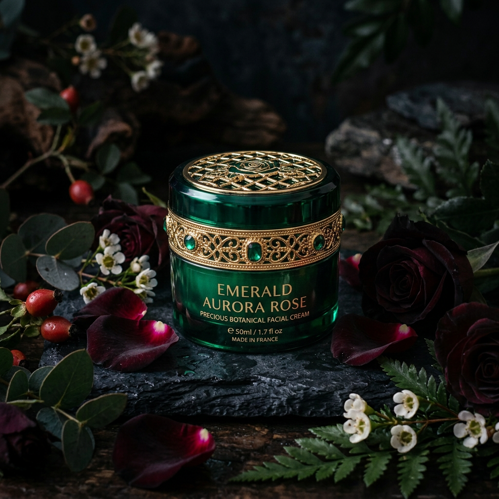 Luxury hydrating face cream jar with jewel green and gold details