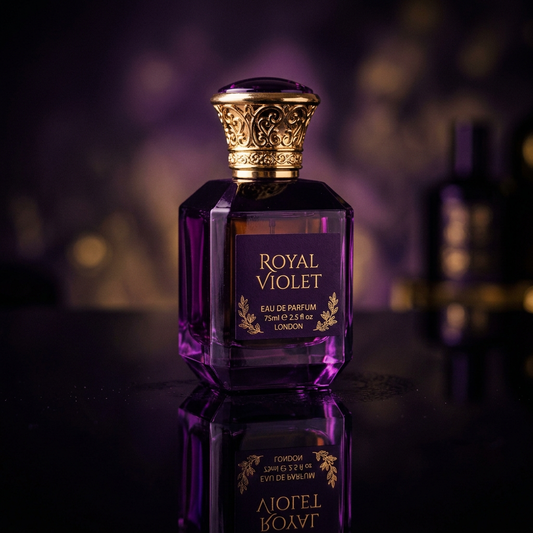 Seduction luxury perfume bottle in deep amethyst purple with gold details